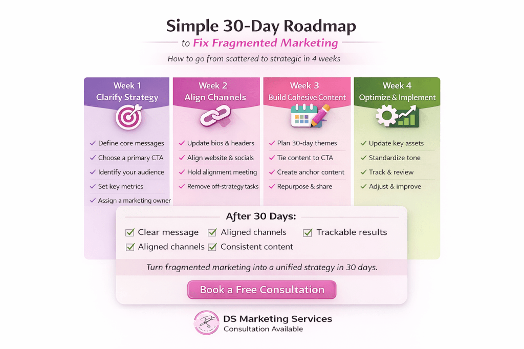 Simple 30-Day Roadmap to Fix Fragmented Marketing | Infographic showing a simple 30-day roadmap to fix fragmented marketing with four weekly steps: clarify strategy, align channels, build cohesive content, and optimize and implement, branded with DS Marketing Services and a consultation call to action.